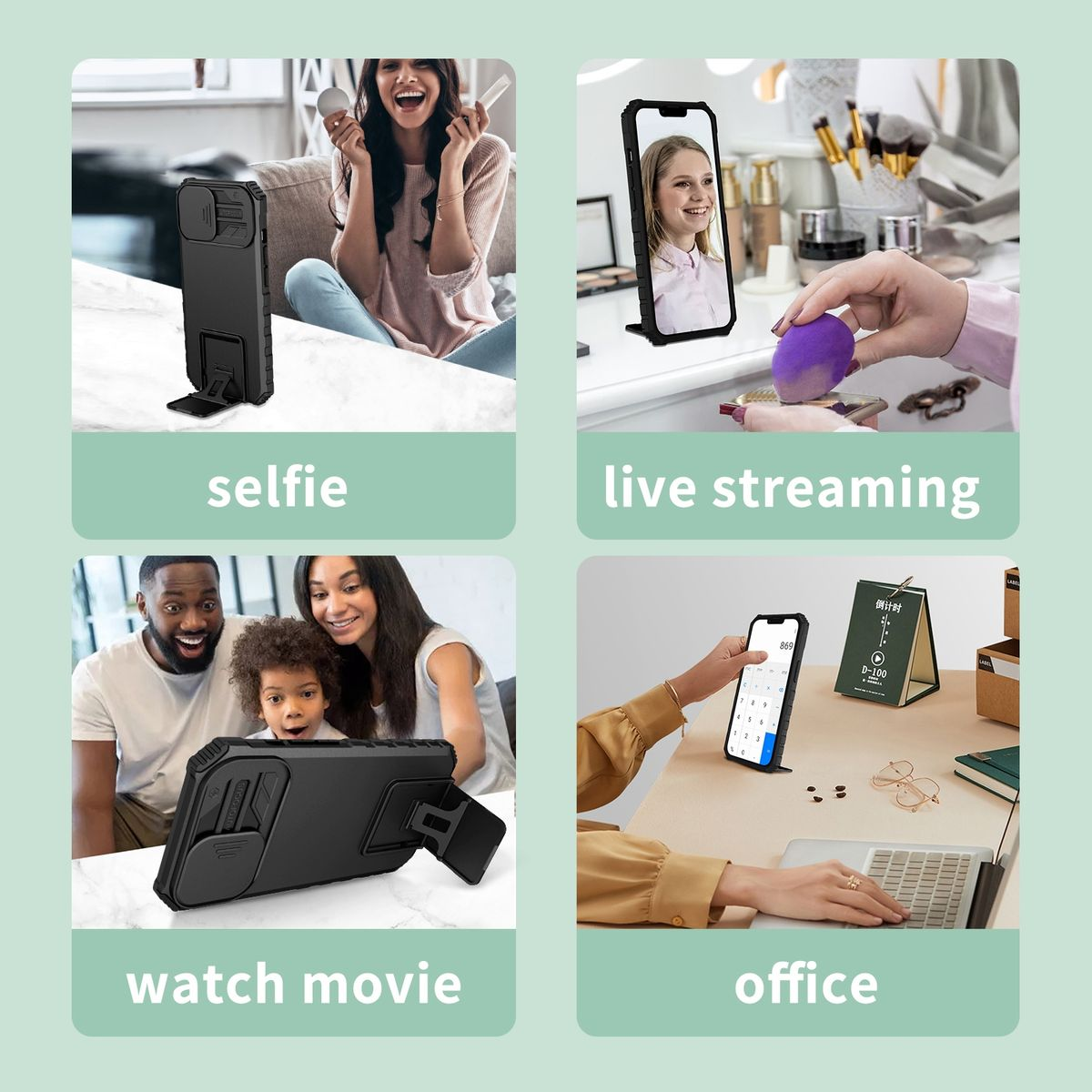 Vier Bilder, die eine Handyhülle für Selfies, Streaming, Filme und Büroarbeit zeigen.