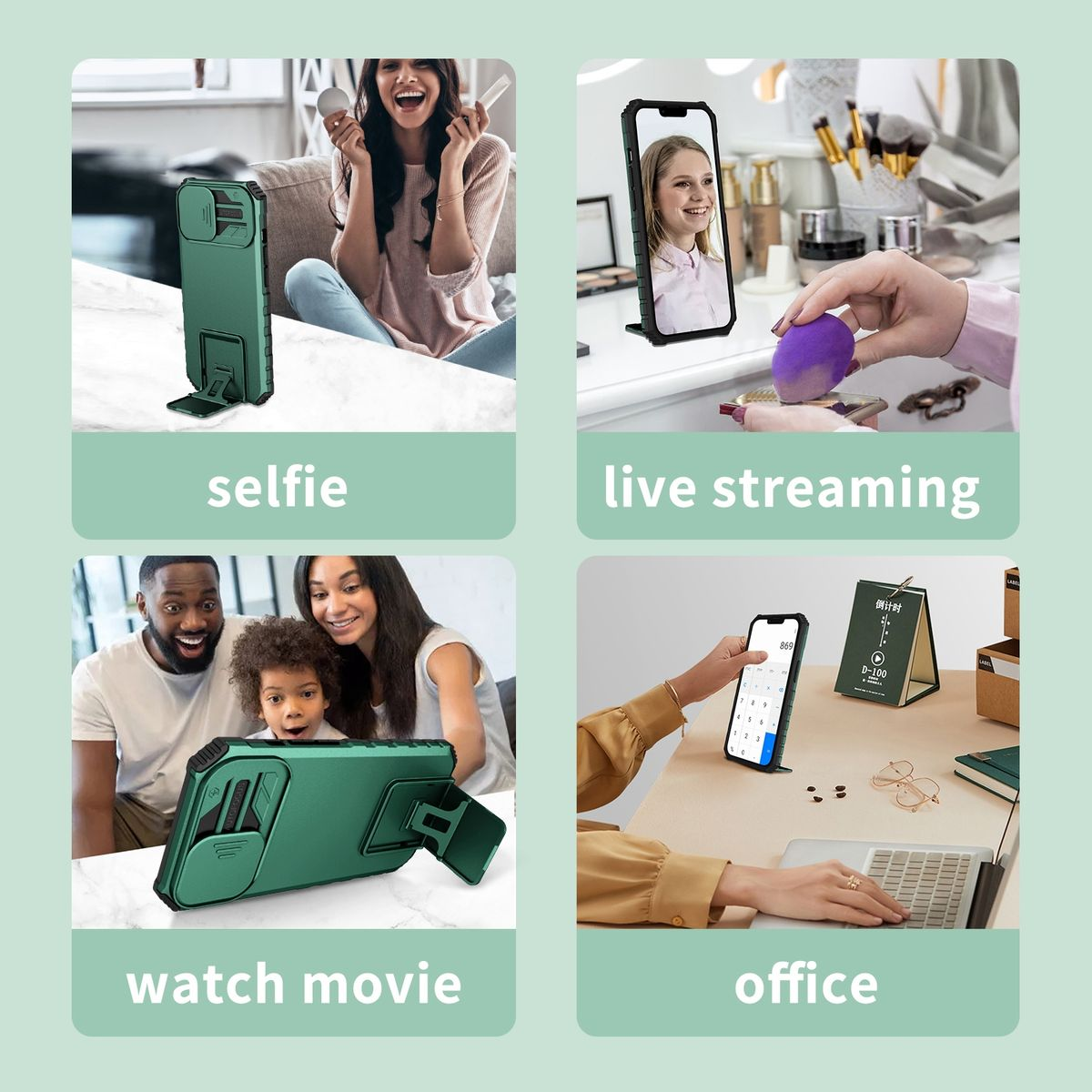 Vier Bilder, die die Funktionen der Handyhülle demonstrieren: Selfie, Live-Streaming, Film ansehen und Büro.