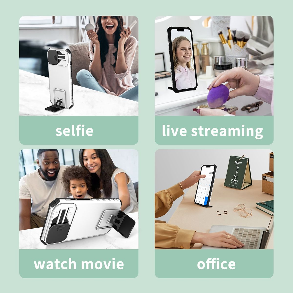 Vier Bilder zeigen verschiedene Verwendungen eines Telefons mit Hülle: Selfie, Streaming, Film, Büro.