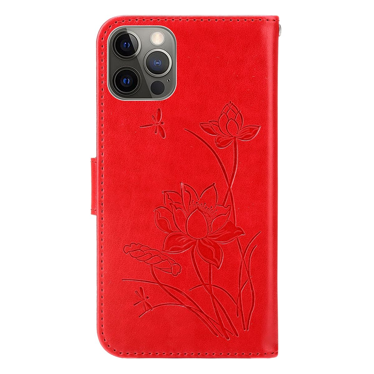 Rote Handyhülle mit Lotusblumen-Design. Geschlossen mit Blümchenmuster.