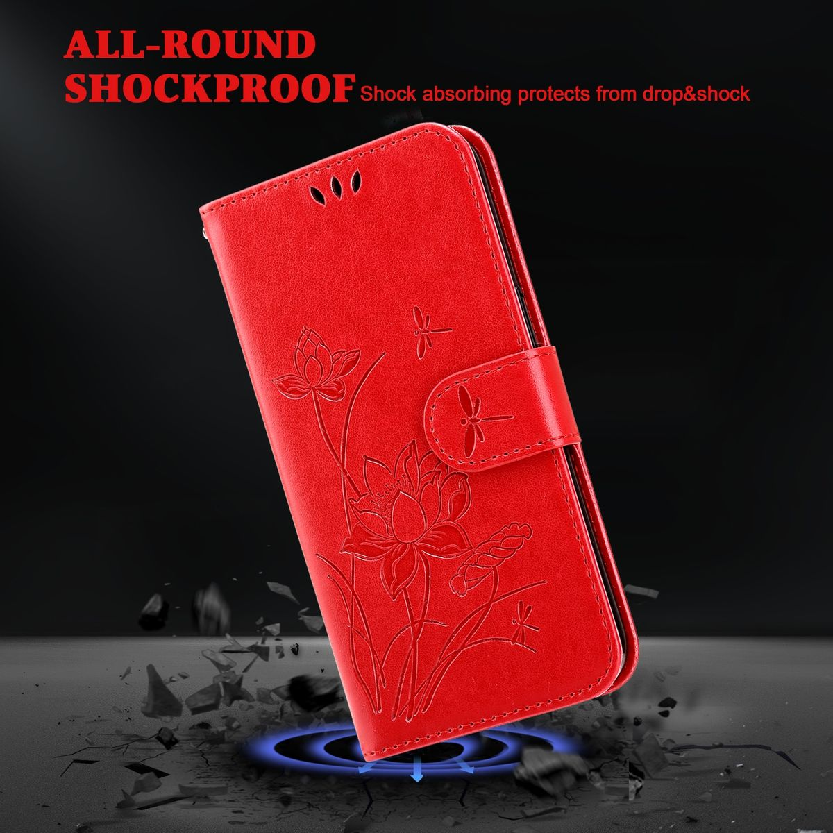 Rote Handyhülle mit Blumendesign. Text: ALL-ROUND SHOCKPROOF.