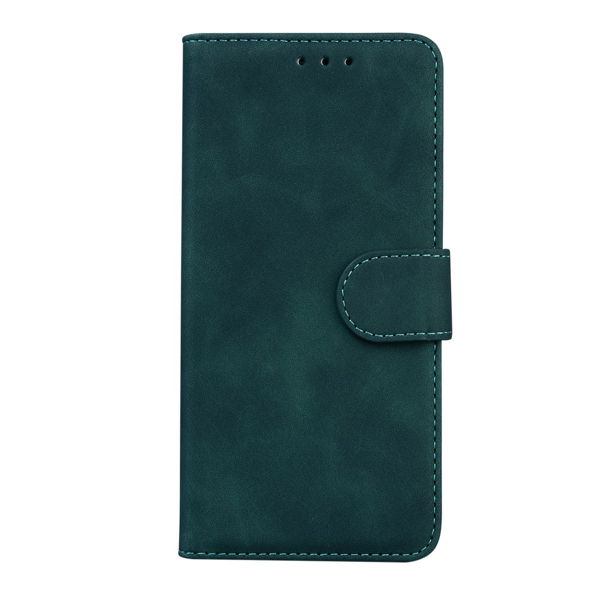 Dunkelgrüne Handyhülle. Es ist eine Brieftaschenart mit Magnetverschluss. Die Hülle ist geschlossen.
