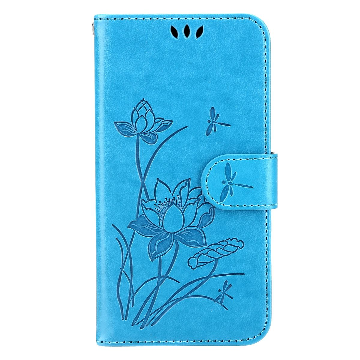 Eine blaue Handyhülle mit Lotusblumen-Design und Magnetverschluss.