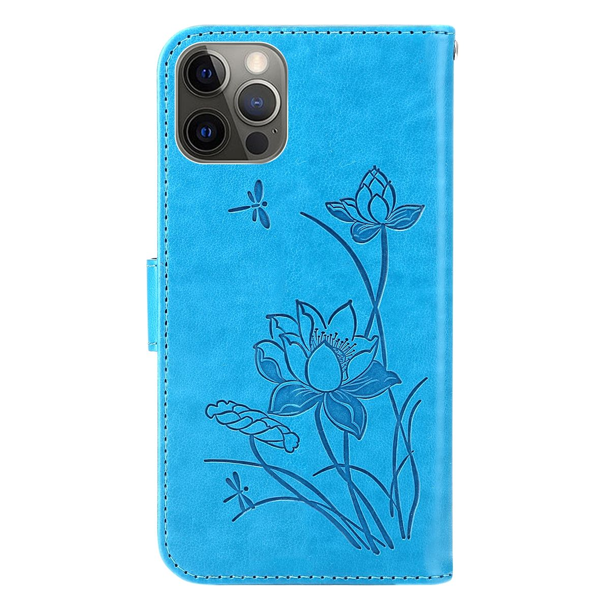 Blaue Handyhülle mit floralem Design. Auf der Hülle befindet sich eine Libelle.