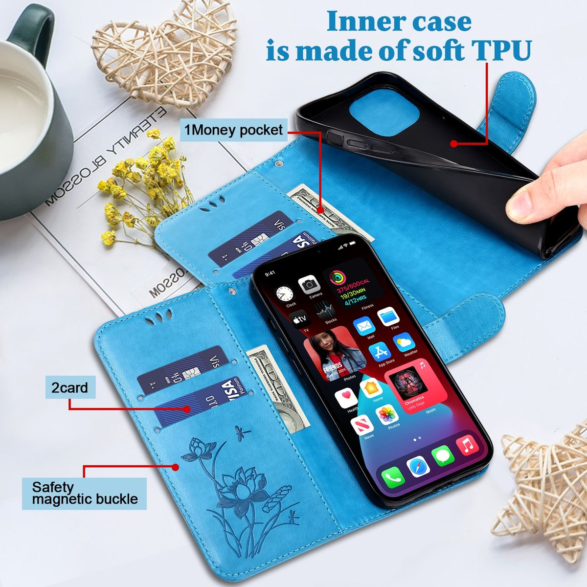 Geöffnete blaue Handyhülle mit Telefon, App-Icons und Kreditkarten.