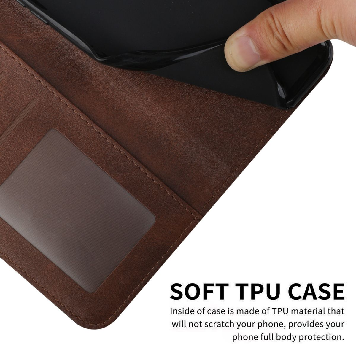 Braune Handyhülle geöffnet, zeigt schwarzen Telefonhalter. Text: SOFT TPU CASE.