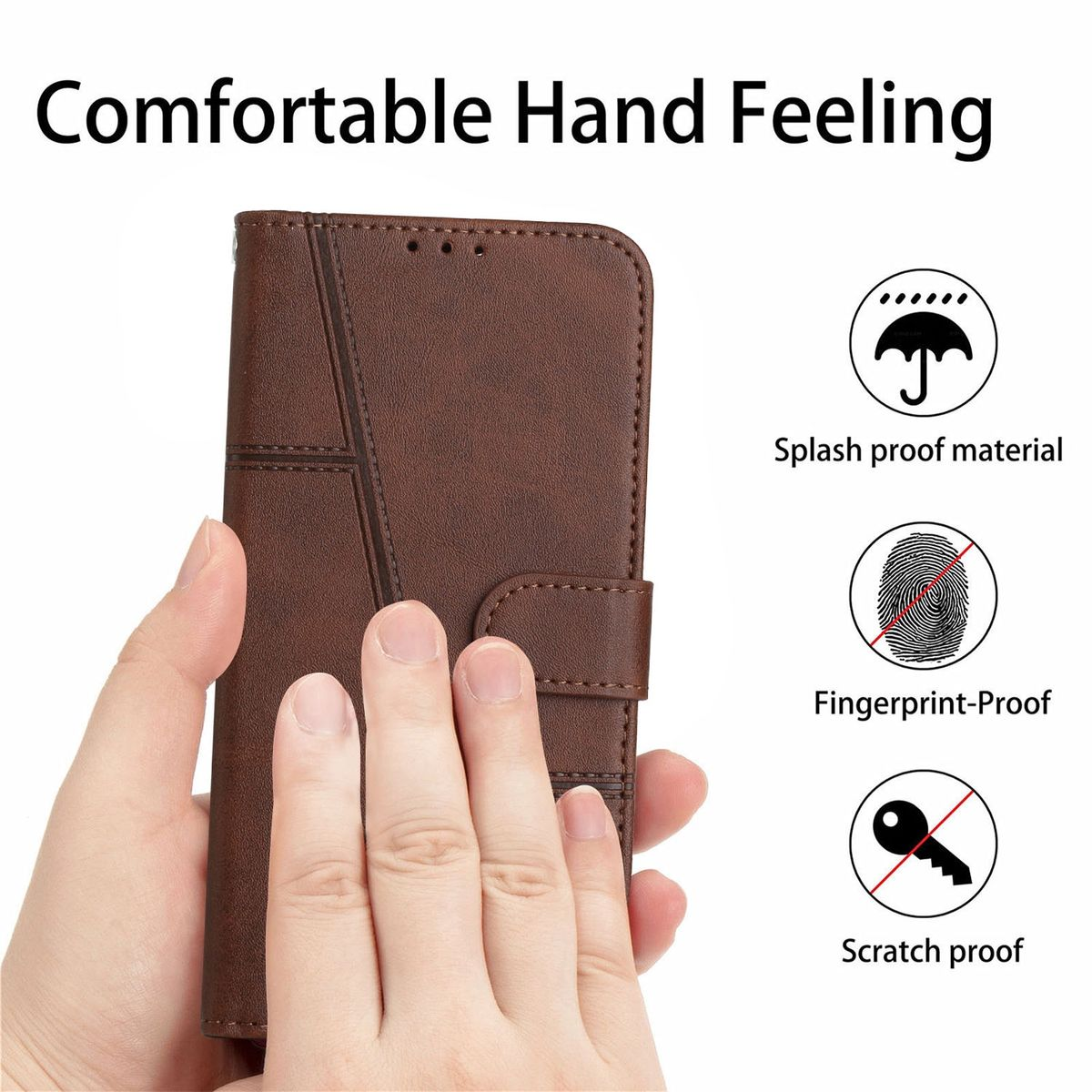 Hand hält eine braune Handyhülle mit Symbolen: Regenschirm, Fingerabdruck und Schlüssel.