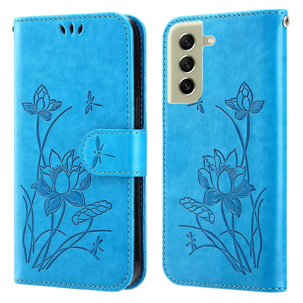 Blaue Handyhülle mit Blumendesigns. Die Hülle ist geöffnet und zeigt das Telefon im Inneren.