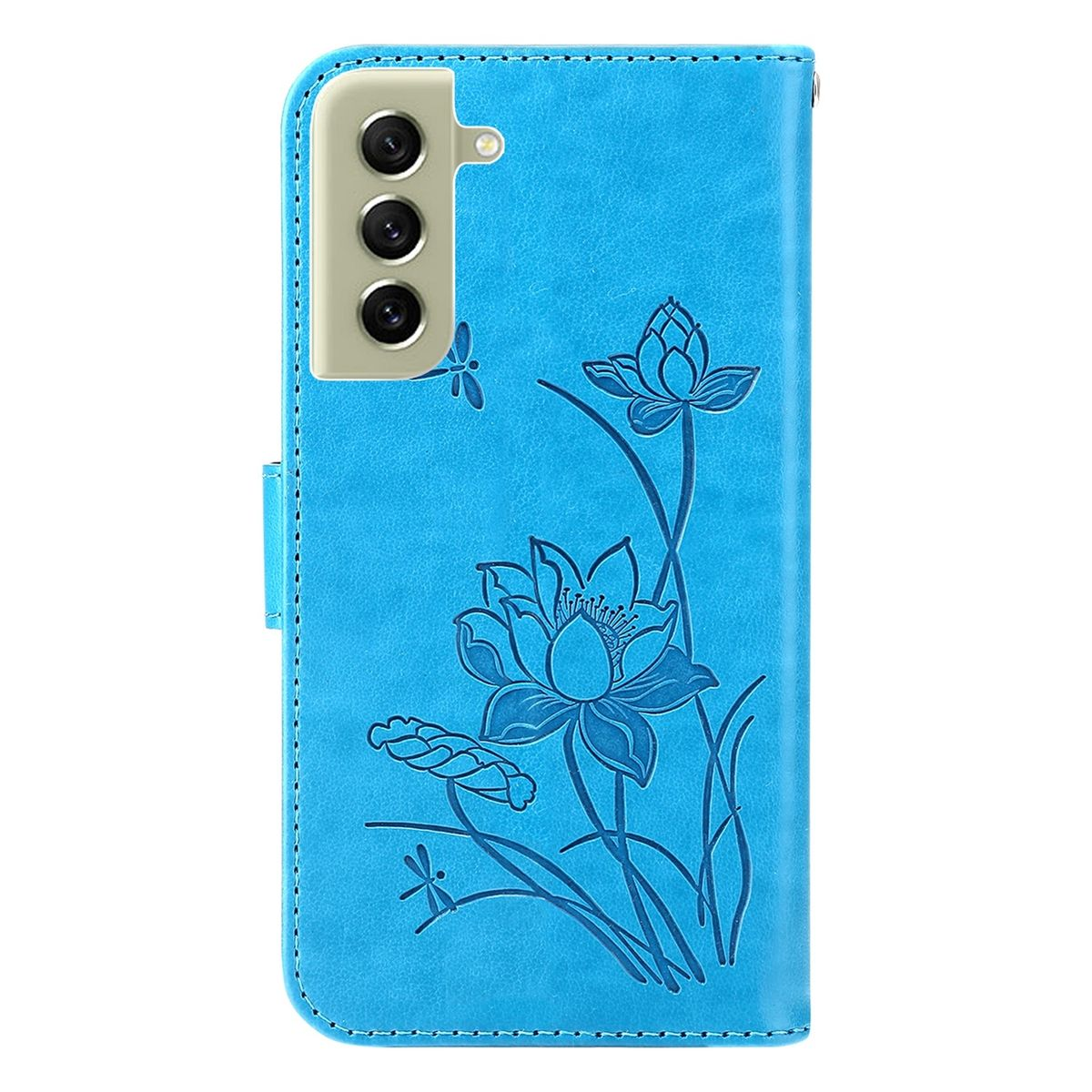 Blaue Handyhülle mit Blumendesign und Kameraausschnitt.