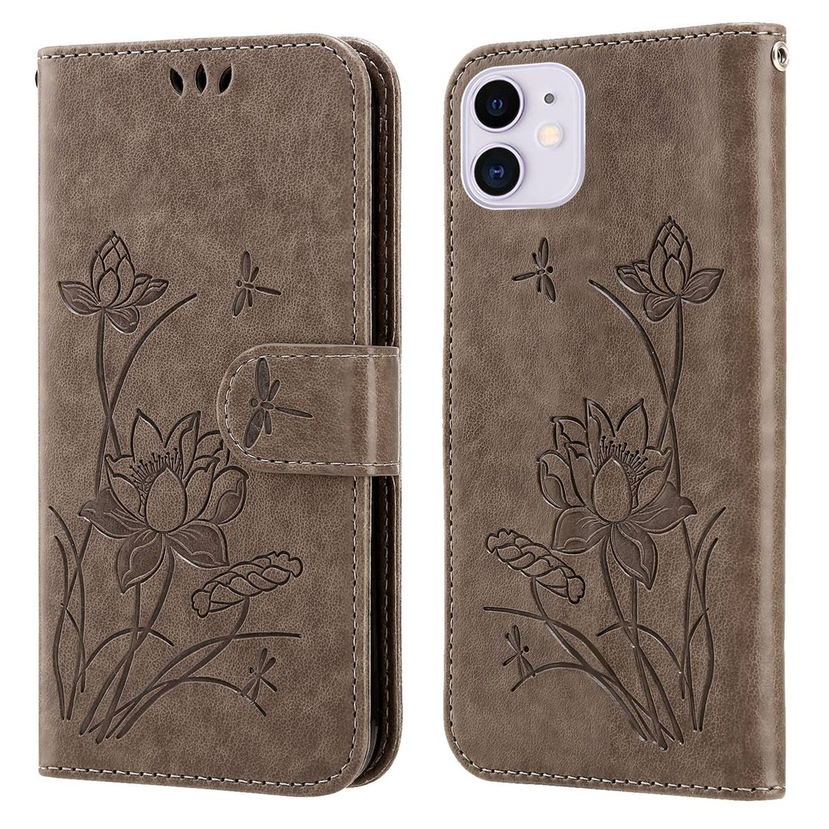 Braune Handyhülle mit Lotusblumen-Design, offene und geschlossene Ansichten. Libellen-Details, Telefon in der Hülle.