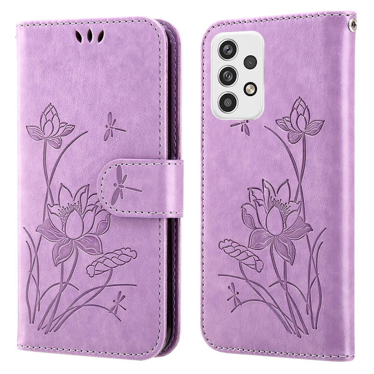 Lila Handyhülle mit Lotusblumen-Design. Geprägte Blumen, Blätter und Libellen.