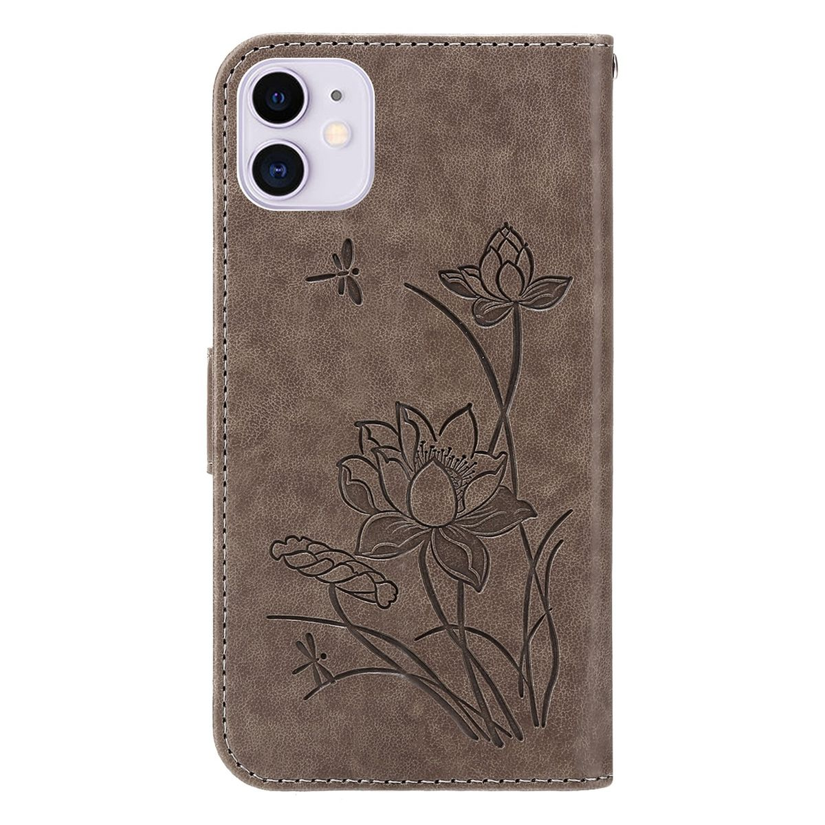 Eine braune Handyhülle, geschlossen. Sie hat ein Blumendesign und ein Telefon ist darin.