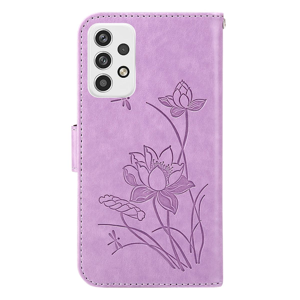 Lila Handyhülle mit Lotusblumen-Design. Die Hülle ist geschlossen. Es gibt eine Libelle und zwei Lotusblumen.