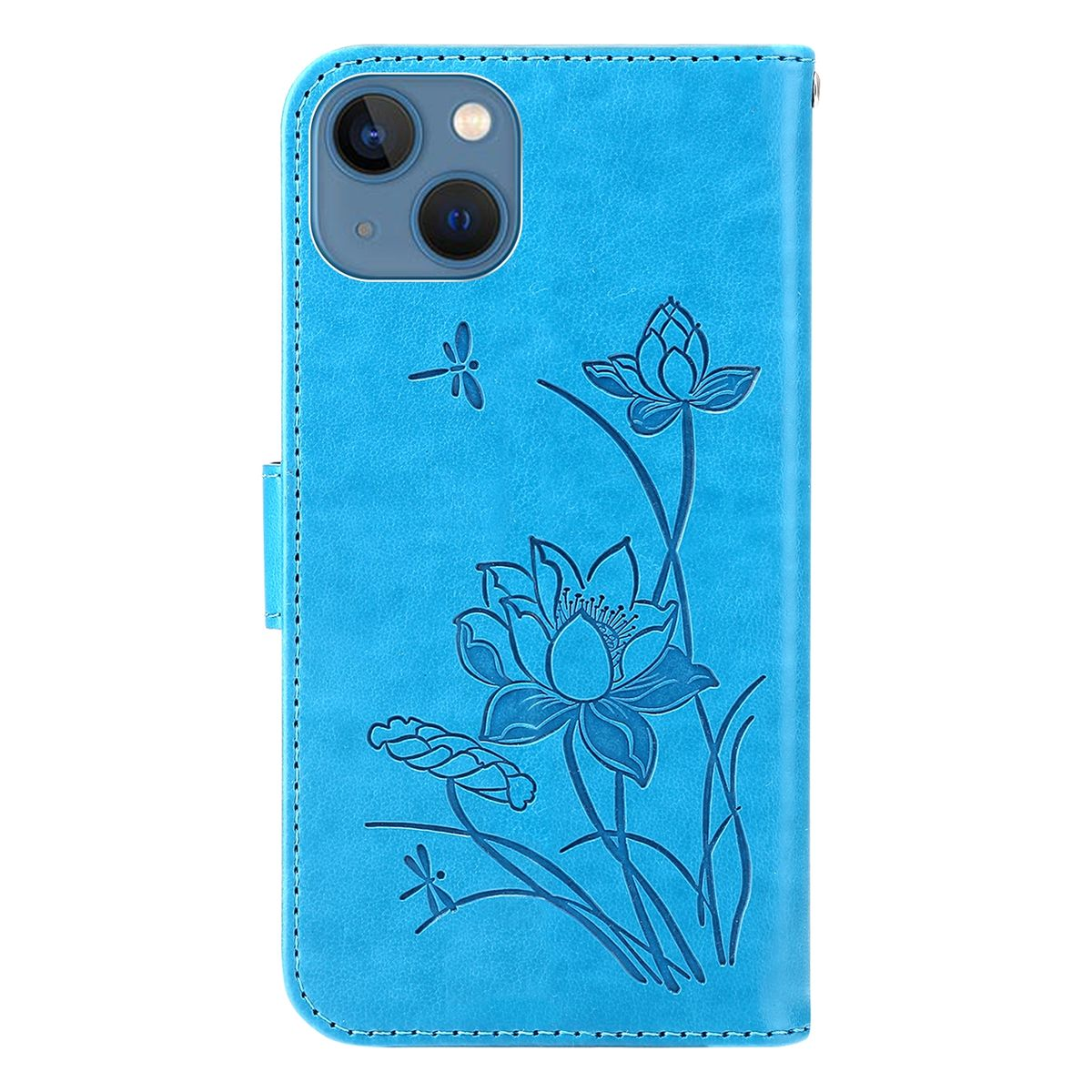 Blaue Handyhülle mit Lotusblumen-Design. Verfügt über ein Telefon und einen Magnetverschluss.