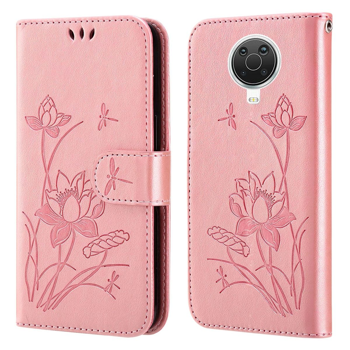 Rosa Handyhülle mit Lotusblumen-Design, offen und geschlossen mit Telefon im Inneren.
