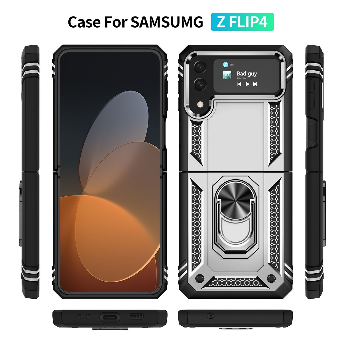 Handyhülle für ein Samsung Z Flip4. Mehrere Ansichten, schwarzes und silbernes Design. Telefon drin.