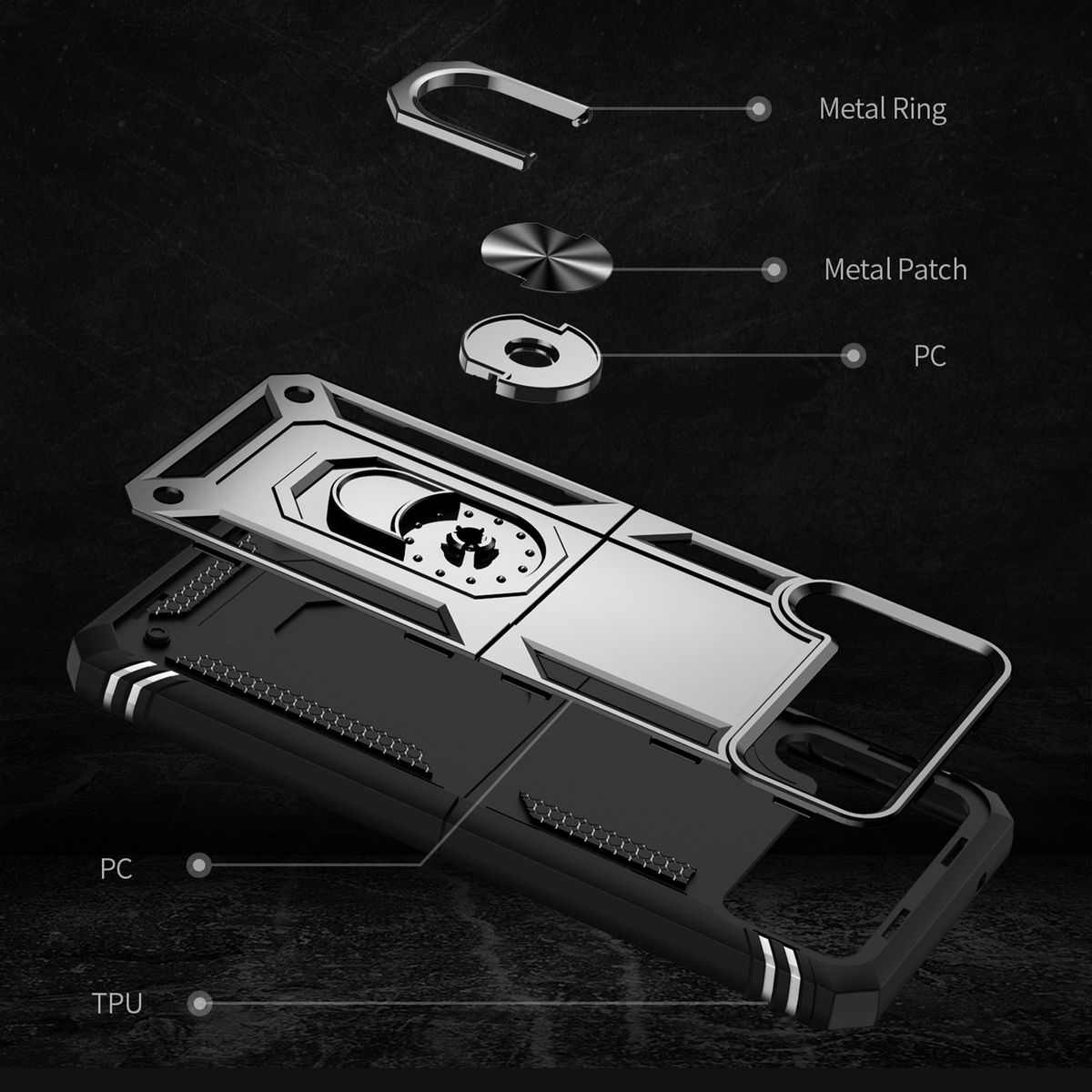 Handyhüllen-Komponenten: Metallring, Metall-Patch und PC- und TPU-Teile, auf dunklem Hintergrund.