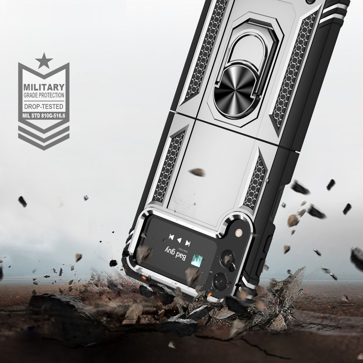 Schwarz-silberne Handyhülle mit Ringhalter. Telefon zeigt Musikplayer-Oberfläche. Grauer Hintergrund.