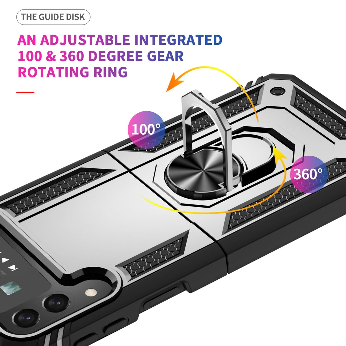 Eine Handyhülle mit einem drehbaren Ringständer. Der Ring dreht sich um 100 und 360 Grad für mehrere Betrachtungswinkel.