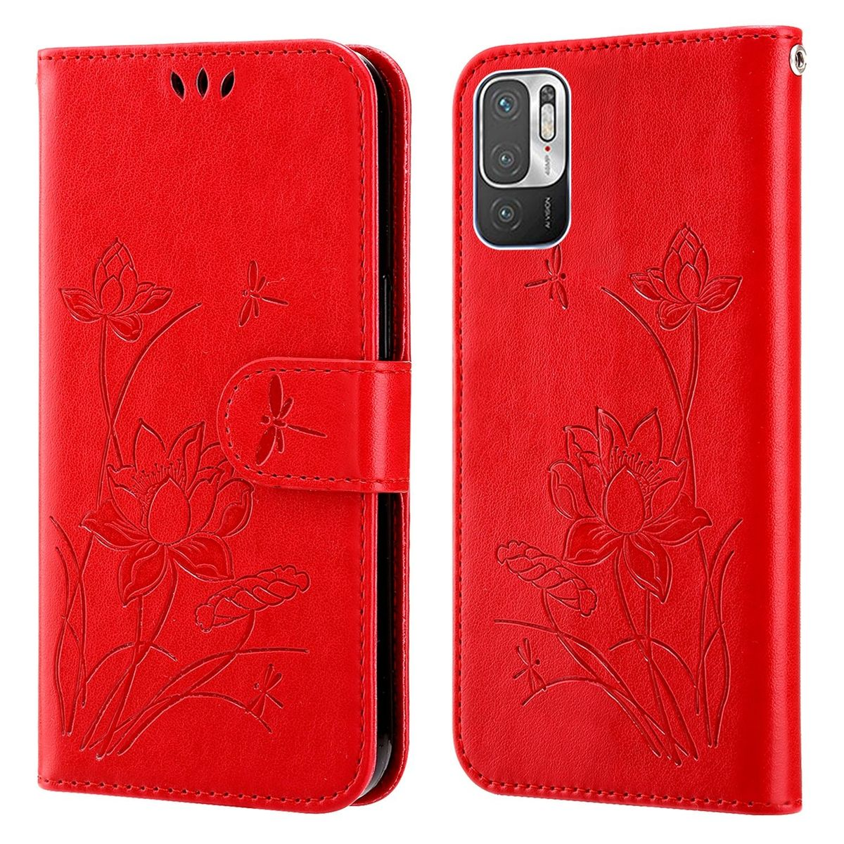 Eine rote Handyhülle mit Blumendesign. Es gibt zwei Ansichten. Eine zeigt das offene Etui.