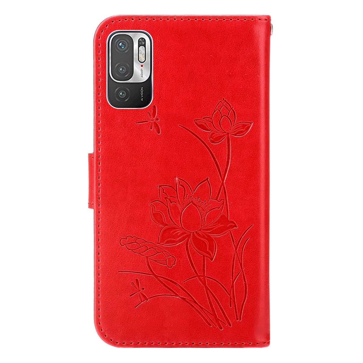 Rote Handyhülle mit Lotusblumenmuster. Telefonkamera ist sichtbar.