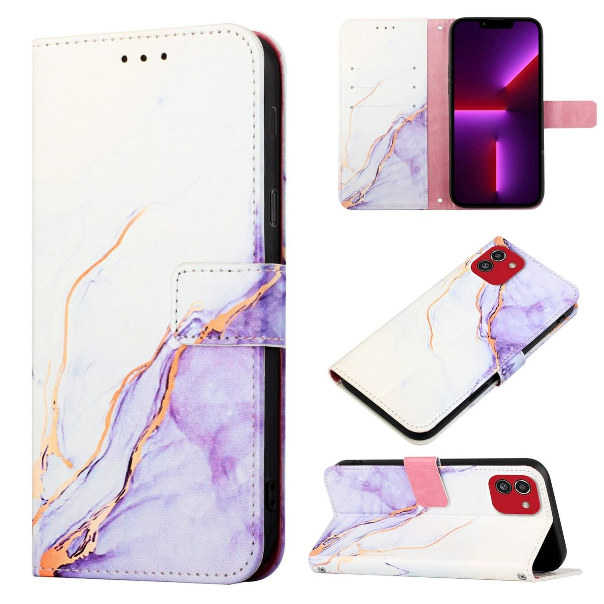 Handyhülle mit Marmordesign und mehreren Ansichten. Innen Telefon, Karten und pinker Verschluss.