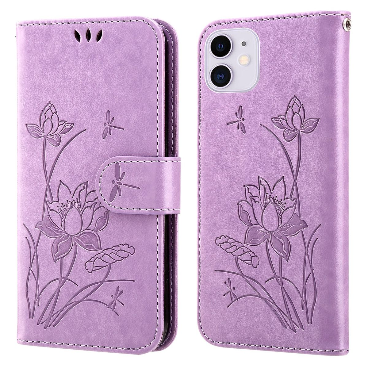 Eine lila Handyhülle mit geprägten Lotus- und Libellenmotiven. Mehrere Ansichten, offen und geschlossen.