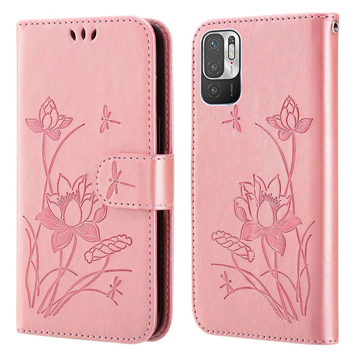 Rosa Handyhülle, Lotusdesign mit Libellen. Geöffnete Hülle, zwei Seiten mit Design. Geschlossen.