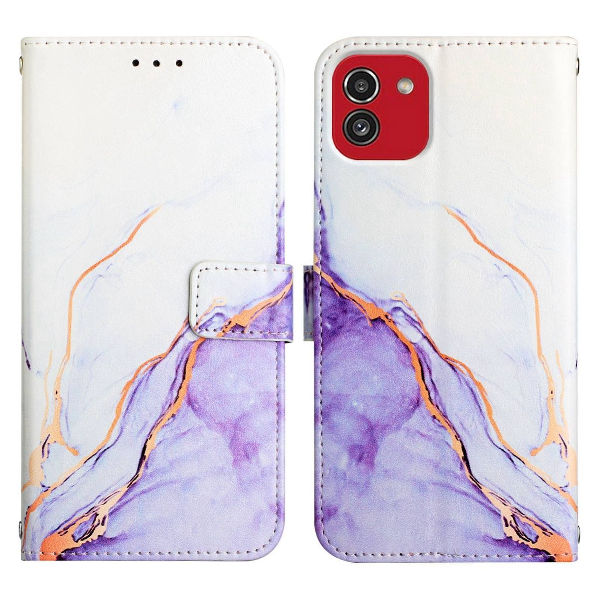 Handyhülle mit Marmordesign. Sie ist geöffnet und zeigt das Telefon und das Innendesign.