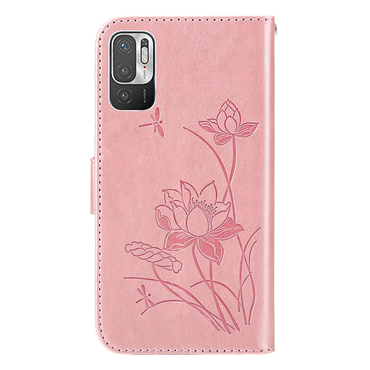 Pinke Handyhülle offen mit Lotusblumen- und Libellen-Design. Telefon nicht enthalten. Rosa Hintergrund.