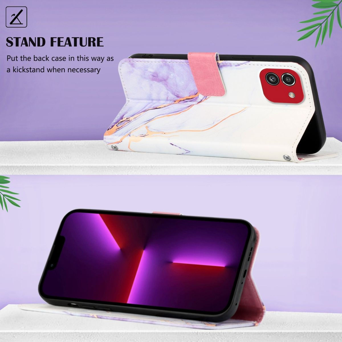Handyhülle mit Marmordesign, Telefon innen. Hülle kann als Ständer dienen.