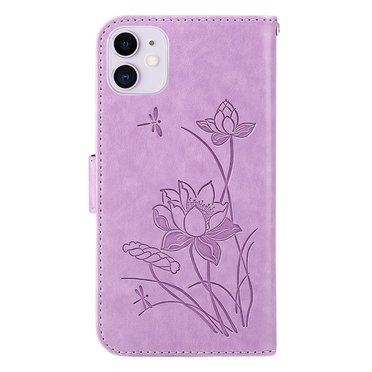Lila Handyhülle mit Lotusblüten-Design mit Libellen und Magnetverschluss.
