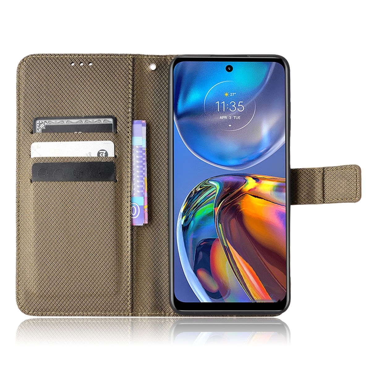 Olivgrüne Handyhülle mit Karten und Telefon. Das Telefon zeigt die Uhrzeit.