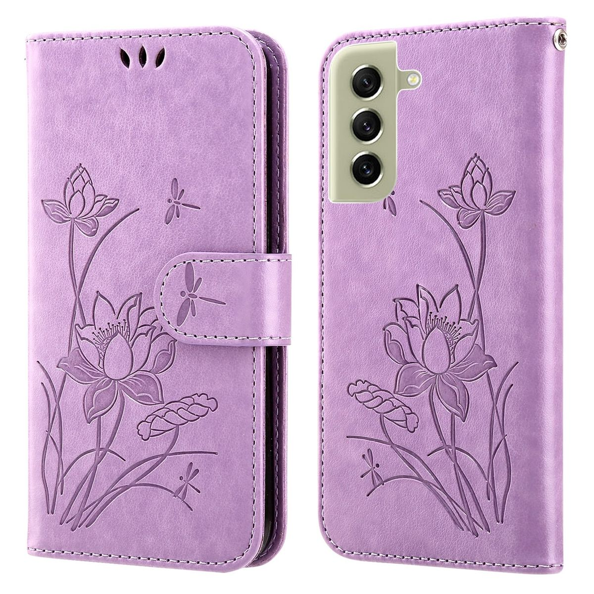 Lila Handyhülle mit Lotusblumen-Design, geschlossene und offene Ansichten, mit einem Telefon.