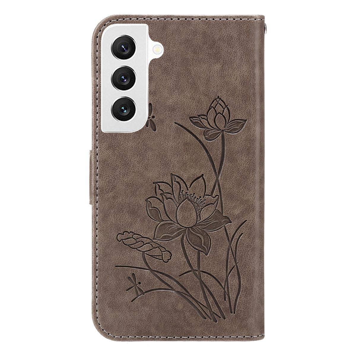 Braune Handyhülle mit Lotusblumen-Design. Geschlossen, mit Telefon darin.