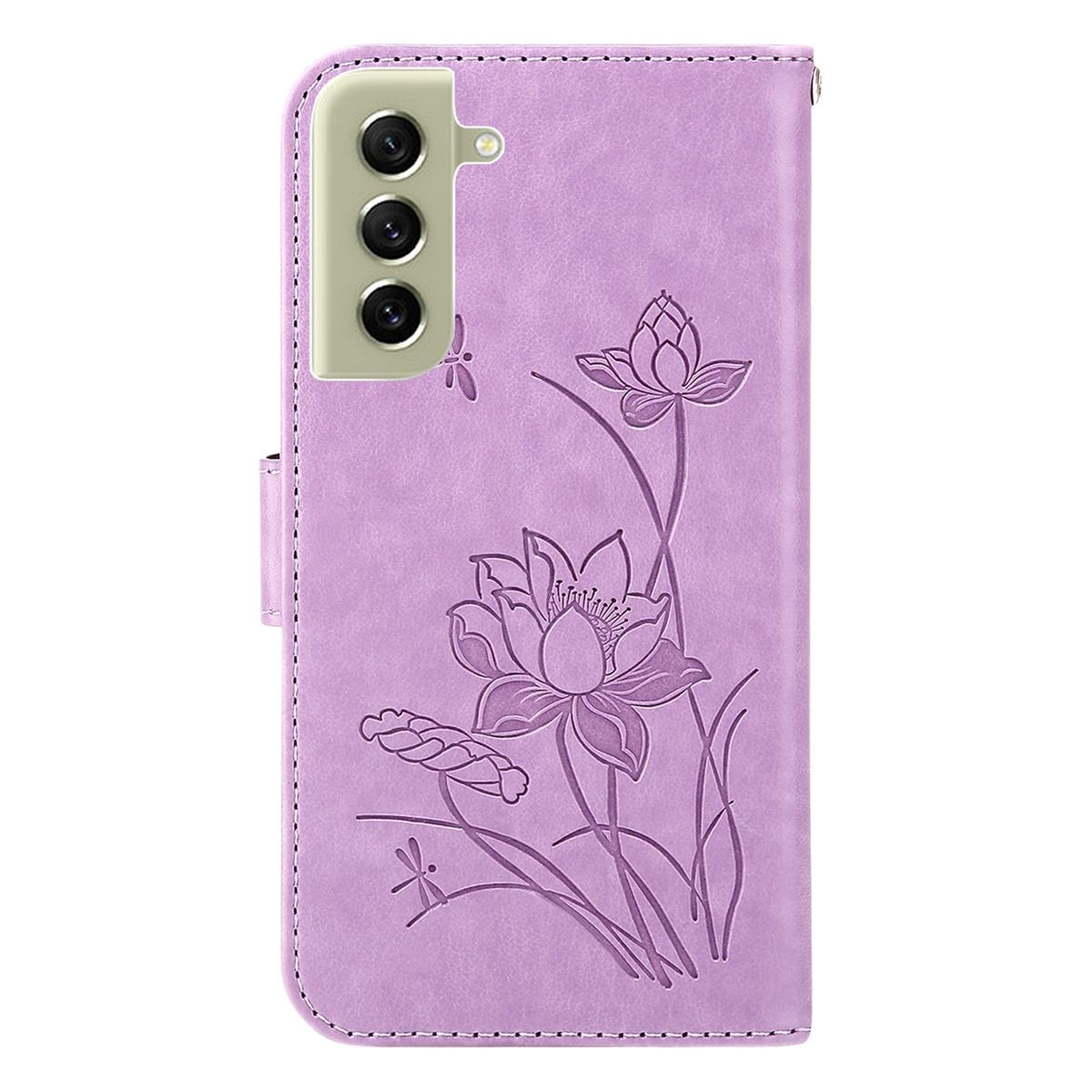 Lila Handyhülle mit Lotusblumen-Design. Sie hat eine Abdeckung und einen Kameraausschnitt.