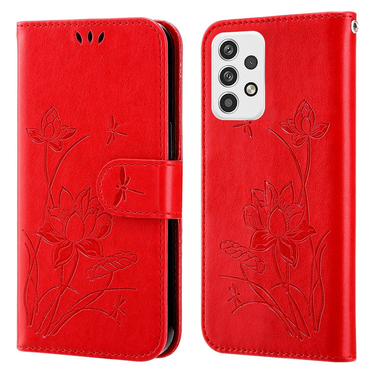 Rote Handyhülle mit Lotusblumen-Design, geschlossene und offene Ansichten, mit einem Telefon.