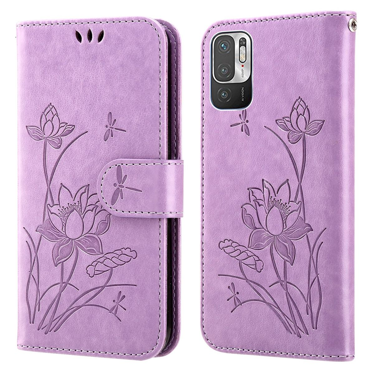 Lila Handyhülle mit Lotusblumen-Design, geschlossene und offene Ansichten, mit einem Telefon.