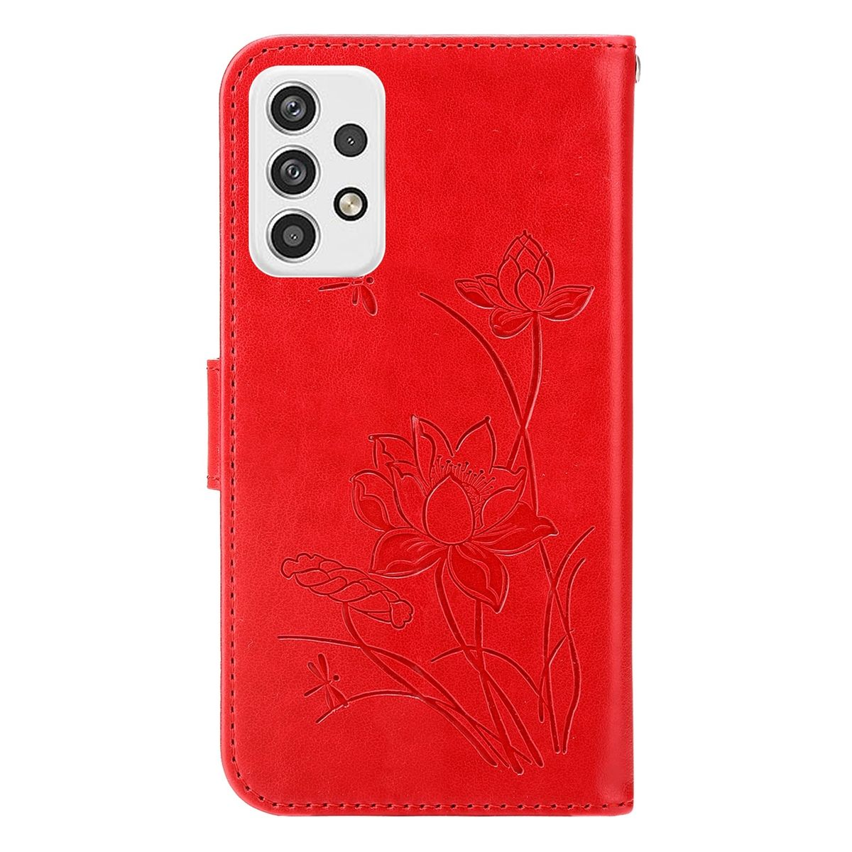 Rote Handyhülle, offen, mit einem Telefon und einem Lotusblumen-Design.