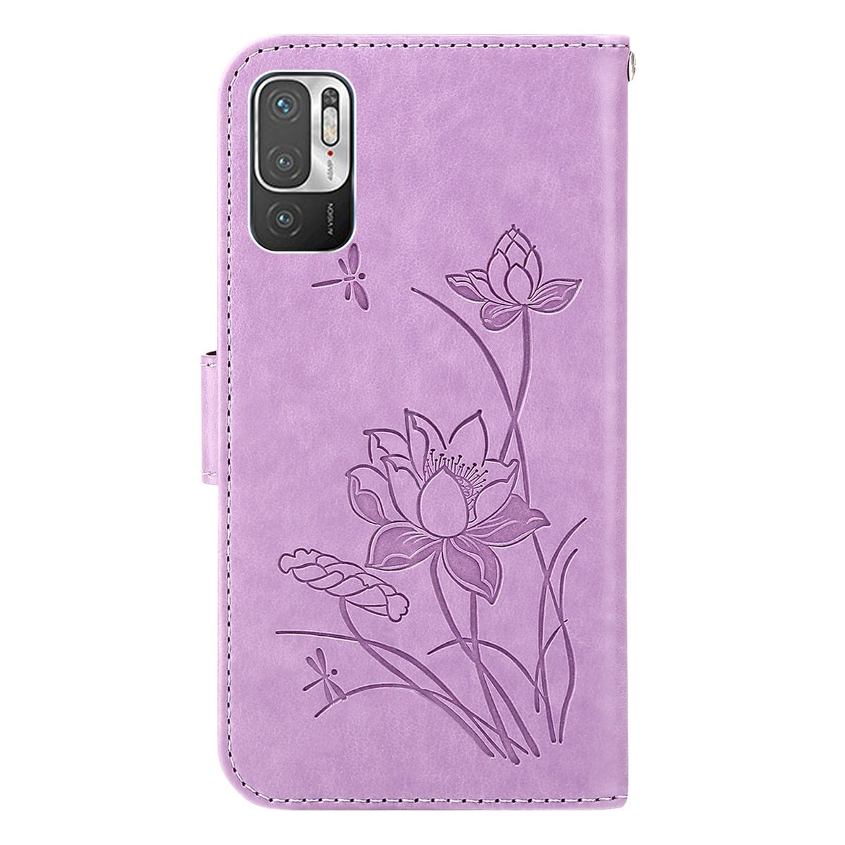 Lila Handyhülle mit Lotusblumen-Design. Die Hülle hat einen Kameraausschnitt und ist geschlossen.