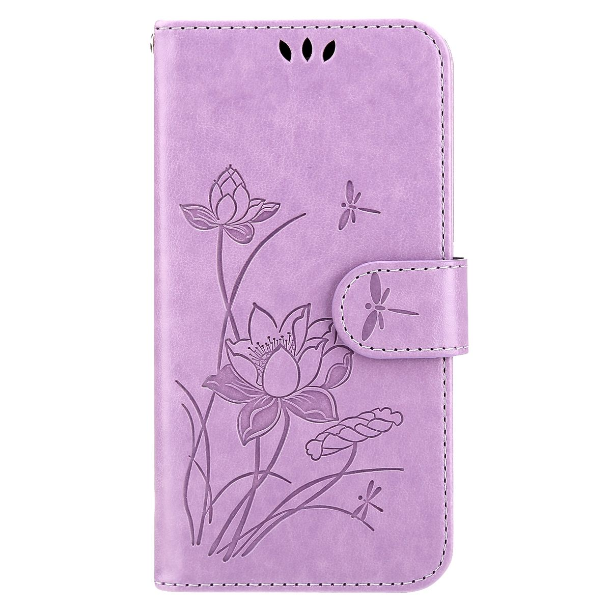 Lila Handyhülle mit Lotusblumen-Design. Die Hülle ist geschlossen, mit Magnetverschluss.