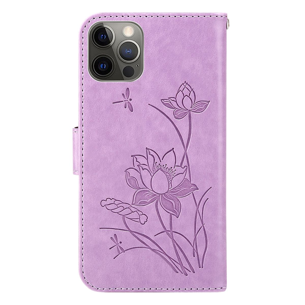 Lila Handyhülle, geschlossen, mit floralem Design. Hintergrund ist weiß.