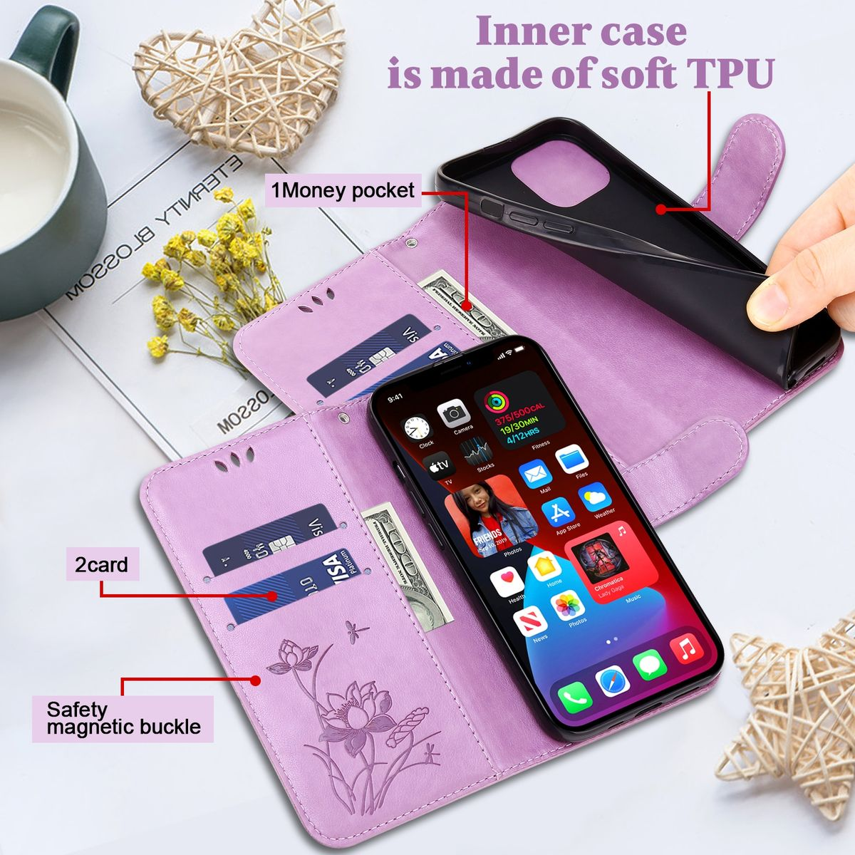 Geöffnete, lila Handyhülle mit Telefon, Bargeld, Karten und Stern.