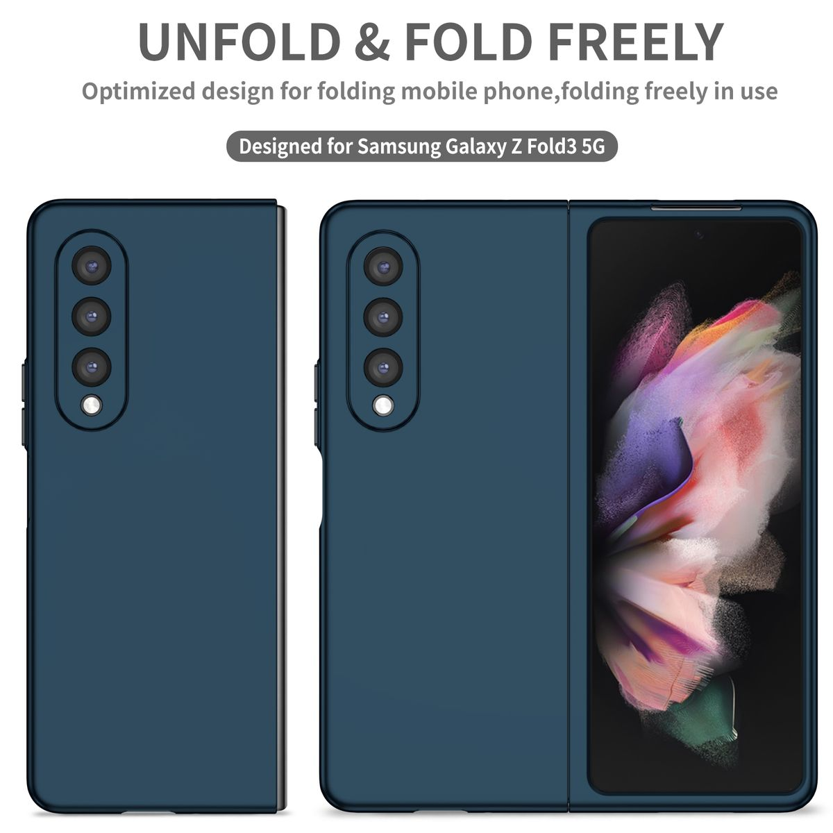 Dunkelblaue Handyhülle für ein faltbares Telefon, offen und geschlossen gezeigt.