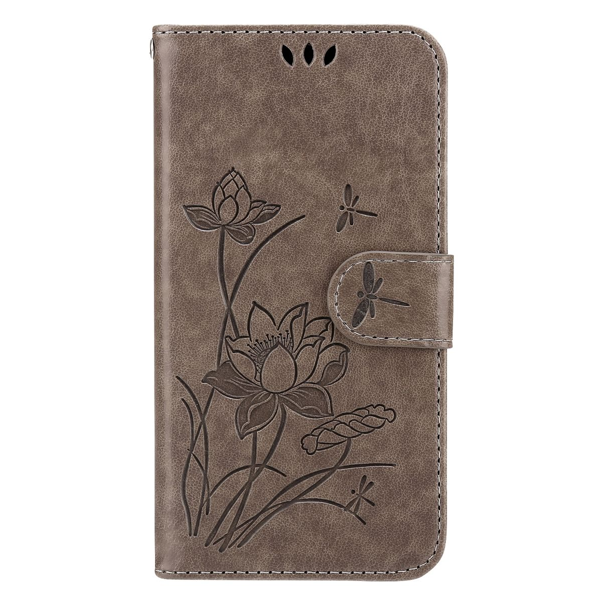 Eine braune Leder-Handyhülle mit geprägten Lotusblumen und einem Libellenverschluss.
