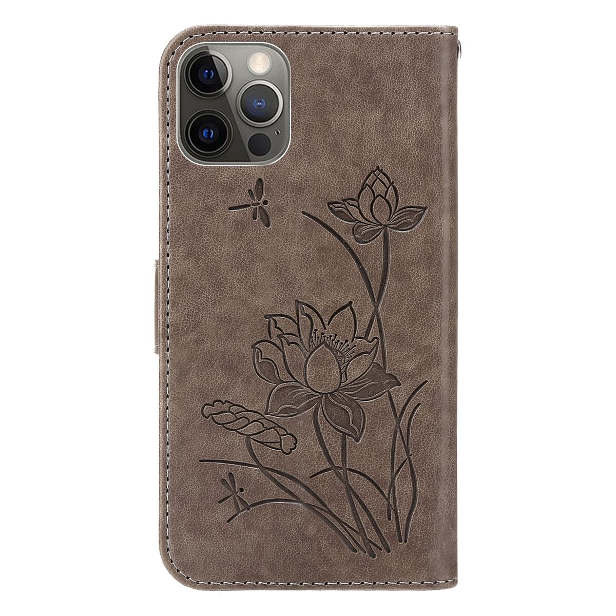 Eine braune Handyhülle mit floralem Muster. Das Telefon ist innen sichtbar.