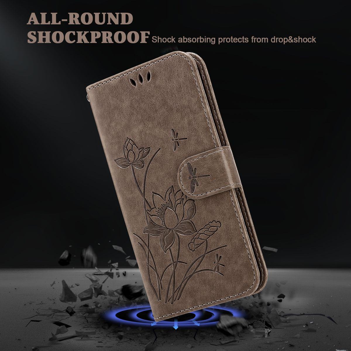 Braune Handyhülle mit floralem Design, geschlossen, zeigt ein Telefon im Inneren, mit blauem Hintergrund.
