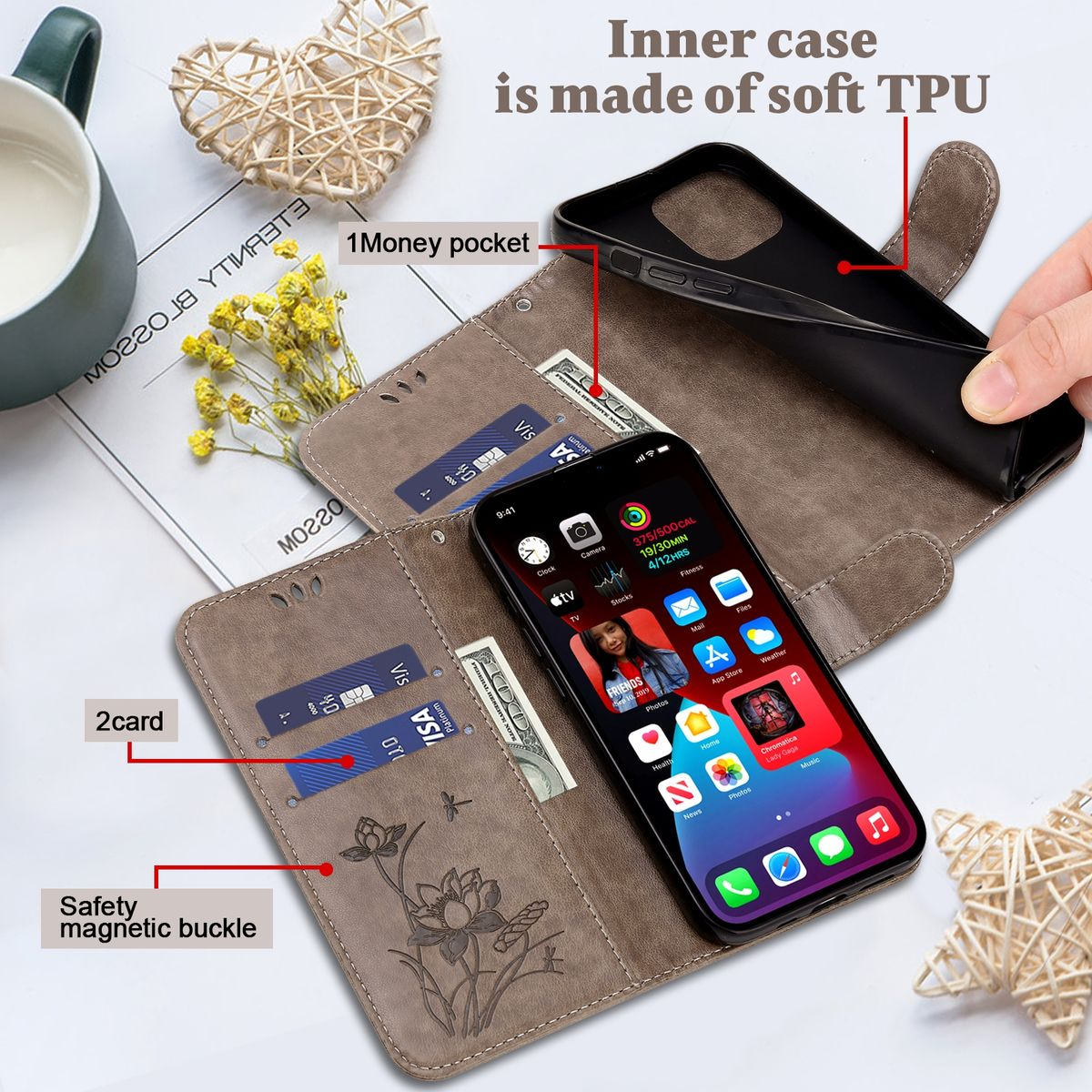 Geöffnete Handyhülle, zeigt Telefon und Karten. Braune Hülle mit Blumen und Textetiketten. Starbucks-Becher.