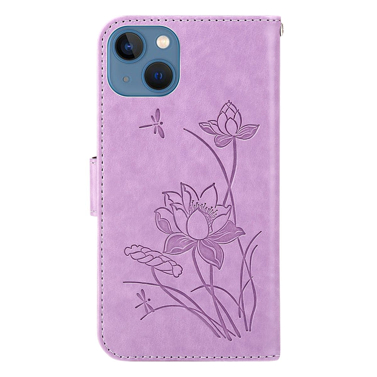 Eine lila Handyhülle mit Lotusblumenmuster, geöffnet, um das Telefon und die Innenseite zu zeigen.