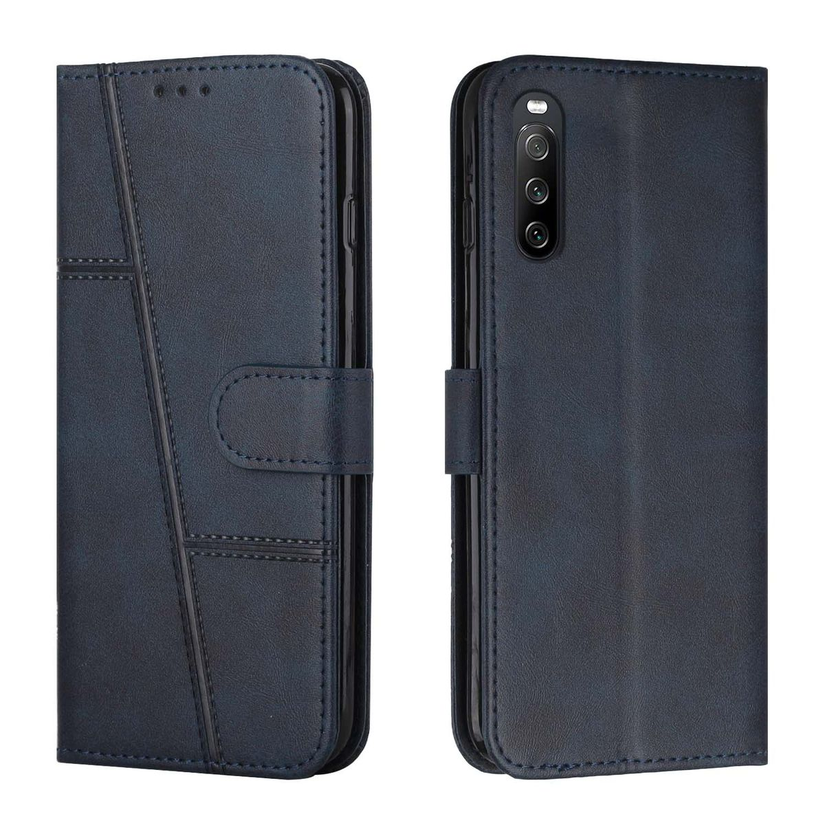 Eine dunkelblaue Handyhülle in zwei Ansichten. Es ist eine Hülle im Folio-Stil mit Magnetverschluss und strukturiertem Design.